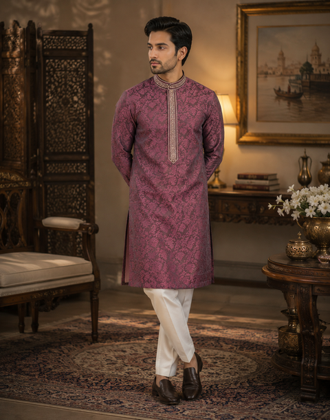 Soft Silk based brocade work neck embroidery designer Kurta with white Pajama  (slight variation in color and design is possible)