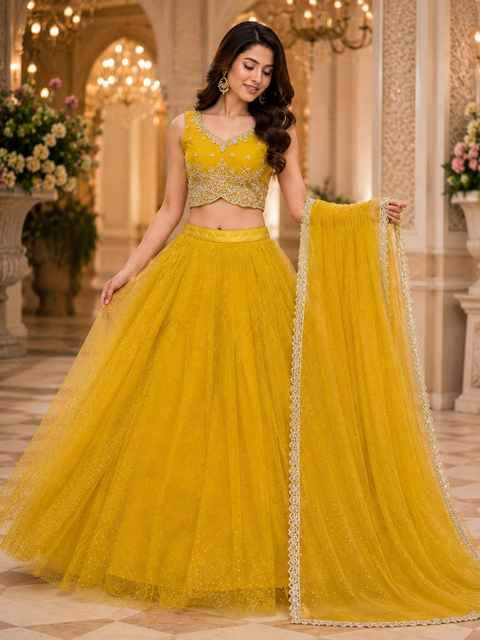 Netting based stone work crop top designer blouse with netting lehnga and dupatta(slight variation in color and design is possible )