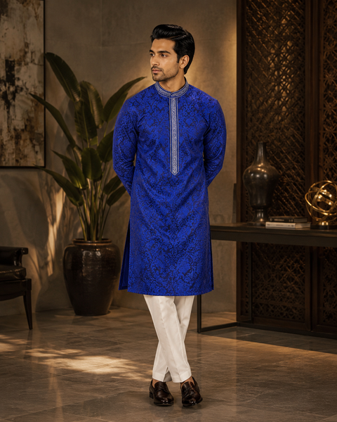 Soft Silk based brocade work neck embroidery designer Kurta with white Pajama  (slight variation in color and design is possible)