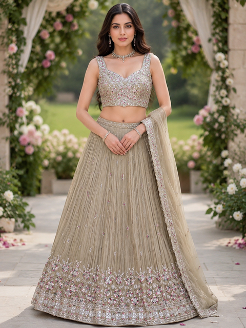 Georgette based embroidery with mirror work crop top designer blouse with lehnga and Georgette dupatta(slight variation in color and design is possible)