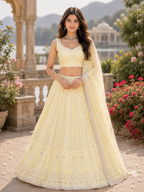 Georgette based lakhnavi embroidery work with sequins work all over lehnga and crop top designer blouse and Georgette sequined dupatta(slight variation in color and design is possible)