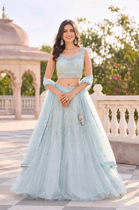 (Video Clip attached ) Heavy hand work designer stylish Blouse with very very heavy flared netting based  princess style lehnga and dupatta(slight variation in color and design is possible)