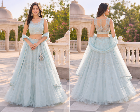 (Video Clip attached ) Heavy hand work designer stylish Blouse with very very heavy flared netting based  princess style lehnga and dupatta(slight variation in color and design is possible)