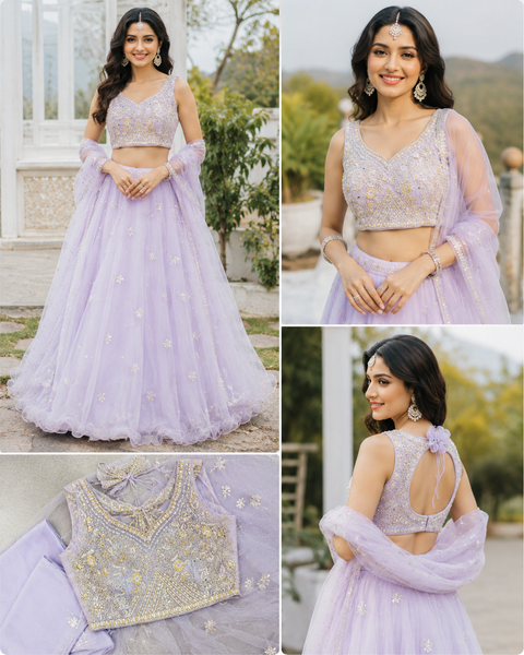 Video Clip attached ) Heavy hand work designer stylish Blouse with very very heavy flared netting based  princess style lehnga and dupatta(slight variance in color and design is possible )