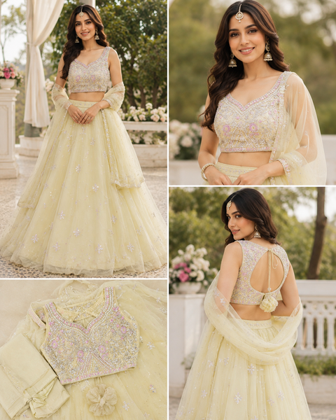 (Video Clip attached ) Heavy hand work designer stylish Blouse with very very heavy flared netting based  princess style lehnga and dupatta(slight variance in color and design is possible )
