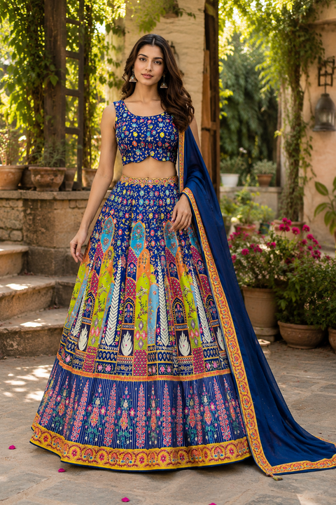(Video Clip attached )Silk based printed with Mirror work heavy flared lehnga and designer crop top blouse and dupatta(slight variation in color and design is possible)