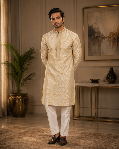 Soft Silk based brocade work neck embroidery designer Kurta with white Pajama (slight variation in color and design is possible)