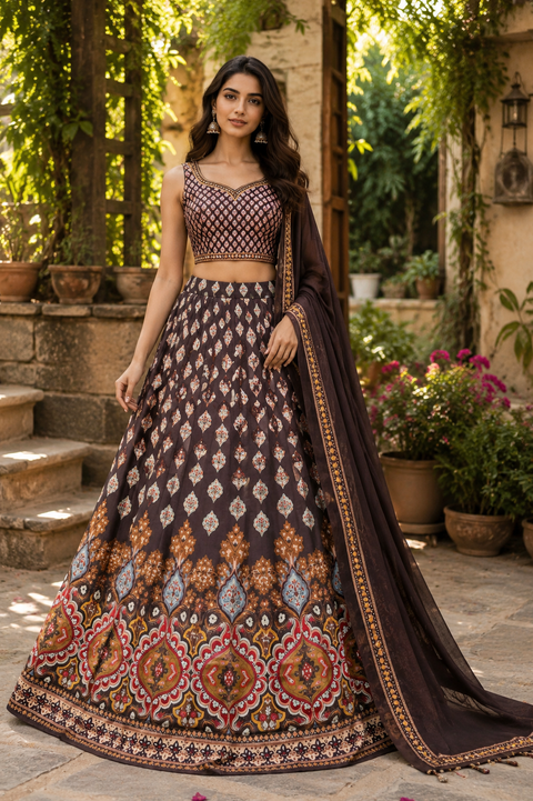 (Video Clip attached )Silk based printed with Mirror work heavy flared lehnga and designer crop top blouse and dupatta(slight variation in color and design is possible)