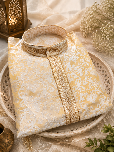 Soft Silk based brocade work neck embroidery designer Kurta with white Pajama (slight variation in color and design is possible)