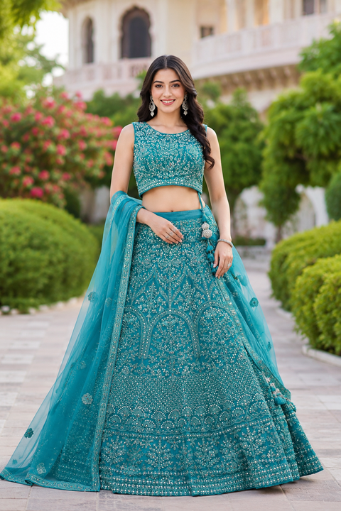 Stylish hand work heavy design crop top blouse with heavy work multiflared lehnga and netting dupatta