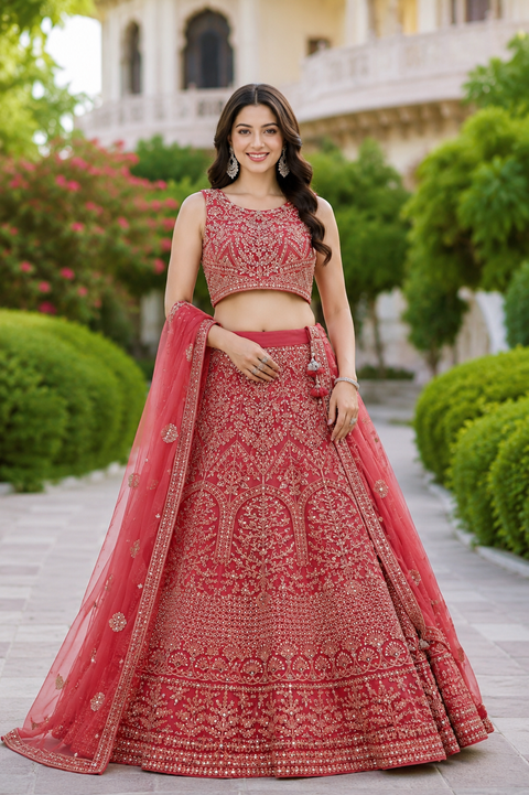 Stylish stone work heavy design crop top blouse with heavy work multiflared lehnga and netting dupatta(slight variation in color and design is possible)
