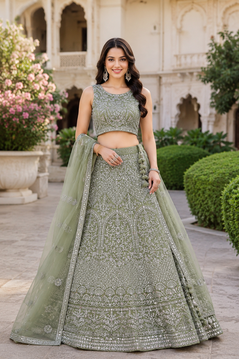 Stylish hand work heavy design crop top blouse with heavy work multiflared lehnga and netting dupatta
