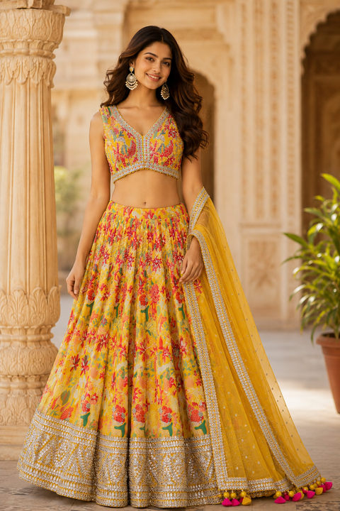 Georgette silk based handwork with embroidery work designer crop top blouse with lehnga and netting dupatta