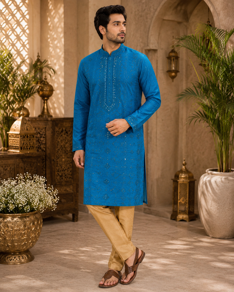 Soft malmal based beautiful embroidery work with sequins work designer Kurta with golden Pajama (slight variation in color and design is possible)