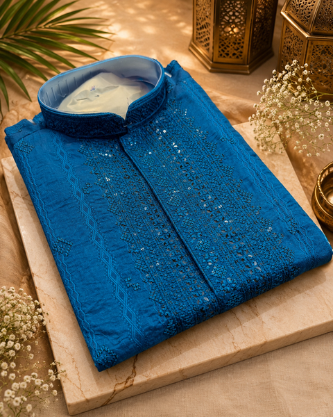 Soft malmal based beautiful embroidery work with sequins work designer Kurta with golden Pajama (slight variation in color and design is possible)