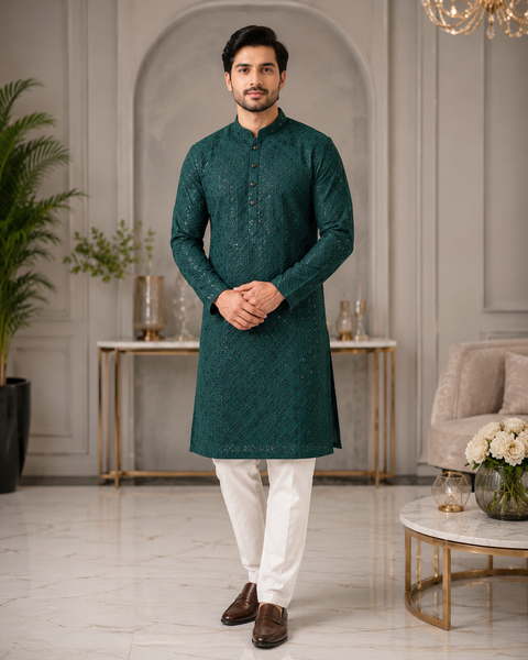 Pure and Soft Rayon based Heavy embroidery with sequined work designer Kurta with white Pajama (slight variation in color and design is possible)