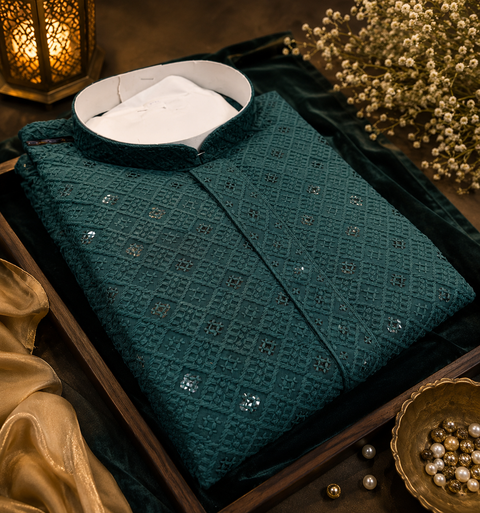 Pure and Soft Rayon based Heavy embroidery with sequined work designer Kurta with white Pajama (slight variation in color and design is possible)