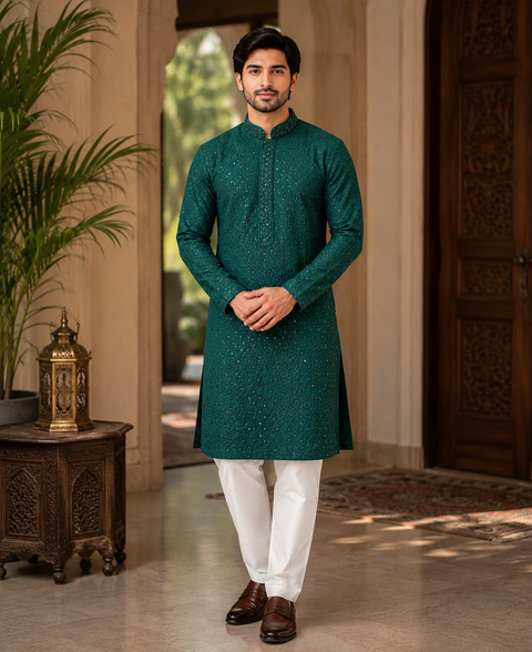 Pure and Soft Rayon based Heavy embroidery with sequined work designer Kurta with white Pajama (slight variation in color and design is possible)