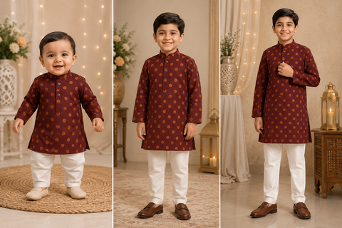 Deep Brown colour raw silk based kids printed kurta with white pajama pants (slight variations in color and design is possible)
