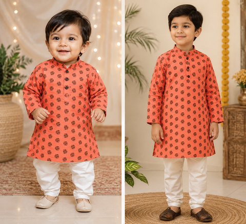 Bright Peach colour raw silk based kids printed kurta with white pajama pants (slight variations in color and design is possible)