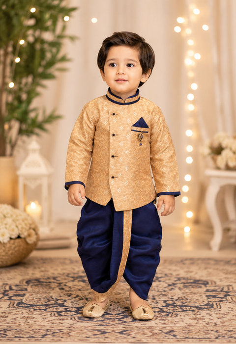 Dusky Golden beige Colour Brocade Silk Based Indo Western with nevi blue dhoti (slight variations in color and design is possible)