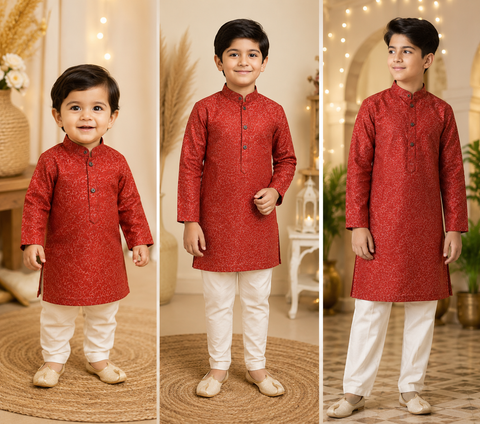Maroon colour raw silk based kids printed kurta with white pajama pants (slight variations in color and design is possible)