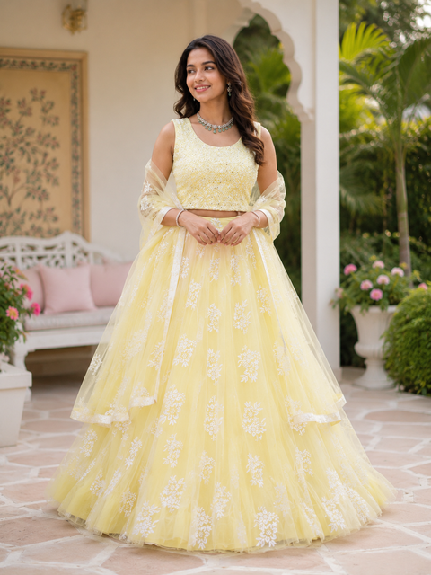 Beautiful embroidery and stone work long top with netting lehnga and dupatta
