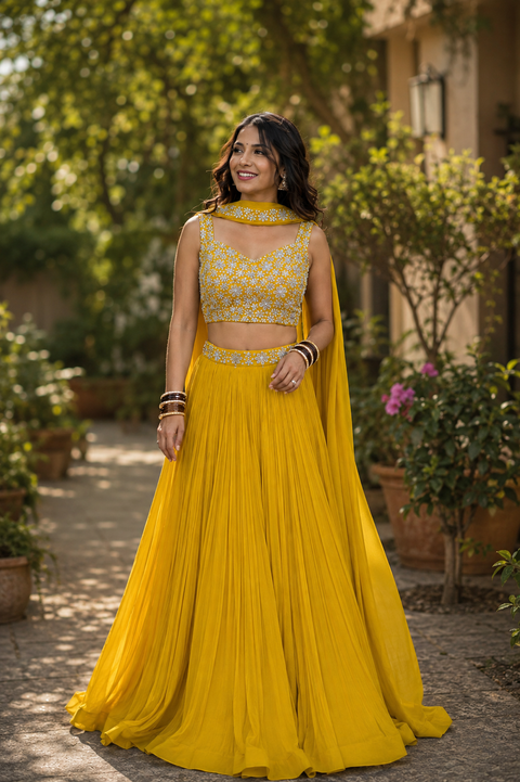 Georgette based embroidery with hand work crop top designer blouse with lehnga and Georgette dupatta(slight variation in color and design is possible)