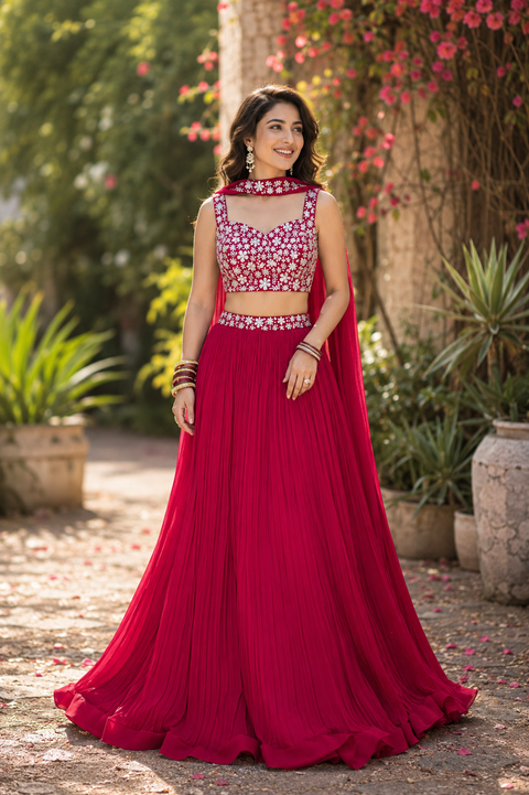 Georgette based embroidery with hand work crop top designer blouse with lehnga and Georgette dupatta(slight variation in color and design is possible)