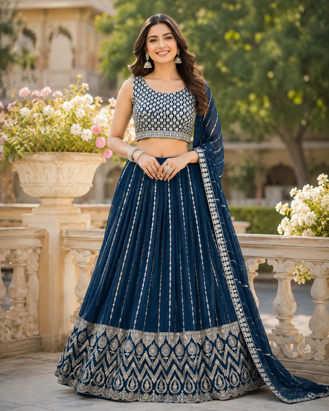 Georgette based embroidery work with sequins work all over lehnga and crop top designer blouse and Georgette sequined dupatta