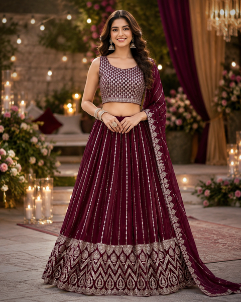 Georgette based embroidery work with sequins work all over lehnga and crop top designer blouse and Georgette sequined dupatta