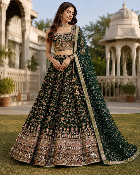Georgette based embroidery work with sequins work all over lehnga and crop top designer blouse and netting sequined dupatta(slight variation in color and design is possible)