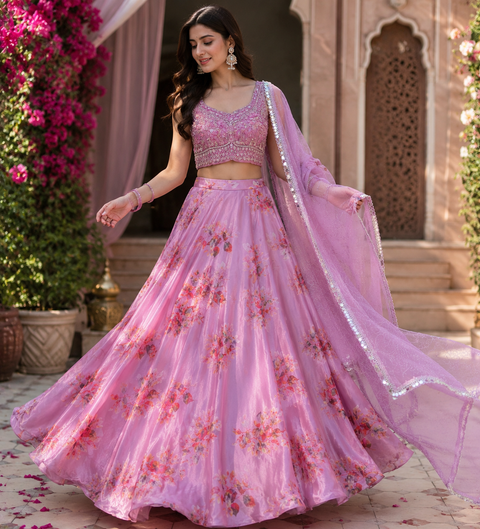 Designer handwork crop top blouse with jimmy choo soft organza floral print lehnga with netting dupatta (slight variation in color and design is possible)