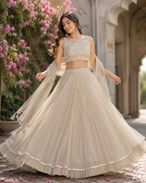 Stones and mirror work designer crop top Blouse with netting shimmer work  design heavy flared lehnga and netting dupatta(slight variance in color and design is possible )