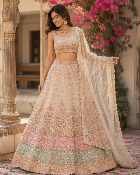 Netting based pearls with sequins work beautiful party wear lehnga with Ken Ken flared with designer blouse and dupatta(Unstitched Lehnga) (slight variation in color and design is possible)
