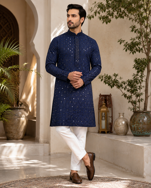 Pure and Soft Rayon based Heavy embroidery with sequined work designer Kurta with white Pajama (slight variation in color & design is possible )