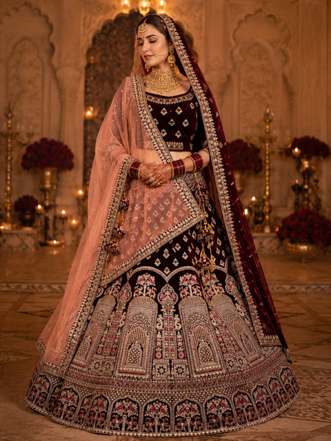(Video clip attach)Dark maroon color velvet based lehnga with heavy handwork with stones & embroidery work fully heavy flared beautiful designer Readymade Bridal lehnga with very heavy embroidered 2 netting dupatta (heavy latkans attached ) unstitched