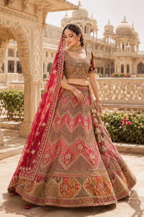 (Video Clip attached)size 40 (upto 44) Velvet based hand work with stones work two toned design Heavy Bridal designer lehnga with heavy handwork blouse with netting heavy work dupatta and heavy latkans(slight variation in color and design is possible)