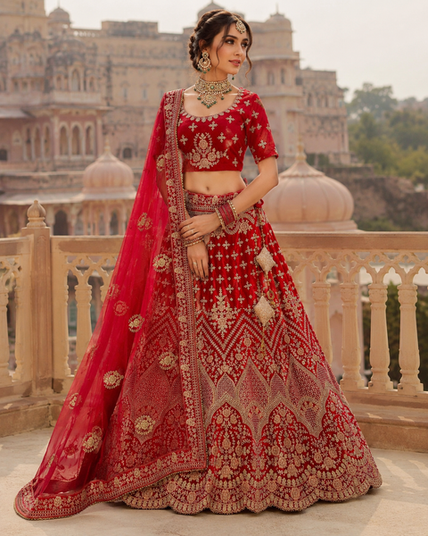 SIZE 42 (Upto 46)) Red colour velvet Based Beautiful Embroidery Work With silver Fine Stones work Heavy flared Heavy Designer Bridal Lehnga With Heavy Tessels Attached To Blouse & Lehnga & heavy Work dupatta(slight variation in color & design is possible)