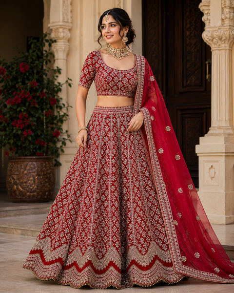 (Video attached) Dark Red colour velvet based lehnga with heavy handwork with stones & embroidery work fully heavy flared beautiful designer Readymade Bridal lehnga with very heavy embroidered netting dupatta with kamarbelt SIZE 42(UPTO 44)