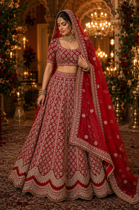 (Video attached) Dark Red colour velvet based lehnga with heavy handwork with stones & embroidery work fully heavy flared beautiful designer Readymade Bridal lehnga with very heavy embroidered netting dupatta with kamarbelt SIZE 42(UPTO 44)