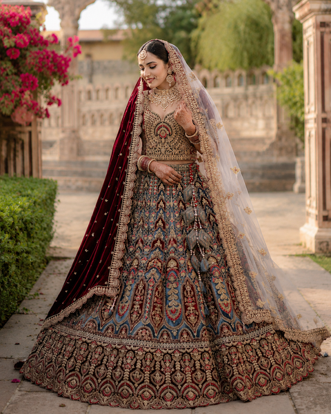 (Video Clip attached)Velvet based hand work with stones work two toned design Bridal designer lehnga with heavy handwork blouse and two Dupatta , with netting and with velvet and heavy latkans(slight variation in color and design is possible)