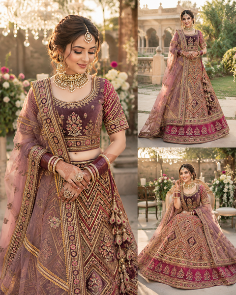 (Video clip attached)size42(upto 46)Pastel Purple mauve shade velvet based heavy embroidery & gotta patti work with golden stone heavy big flared heavy ken designer Bridal Lehnga with bigger tessels(slight variation in color and design is possible)