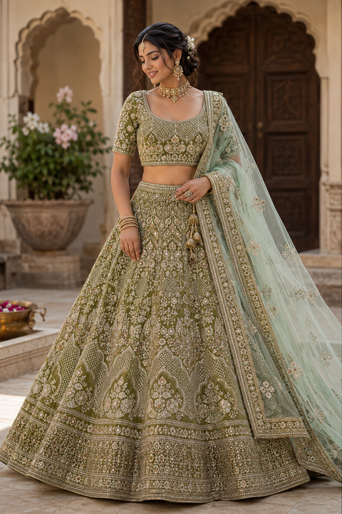 (Video clip attached) Size 40(altered upto 44)Olive colour velvet based heavy flared embroidery & stone work bridal Lehnga with heavy work Mint dupatta