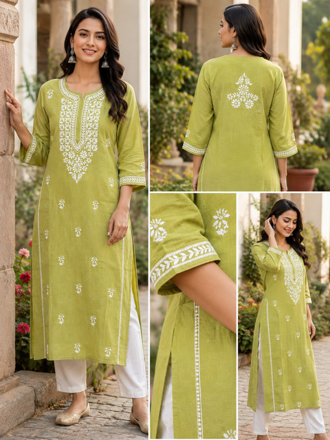 Very soft rayon-based kurti with elegant Lucknowi embroidery at front & back, giving it a graceful and timeless look. Pants are not included – this is kurti only. Slight variation in color and design is possible.