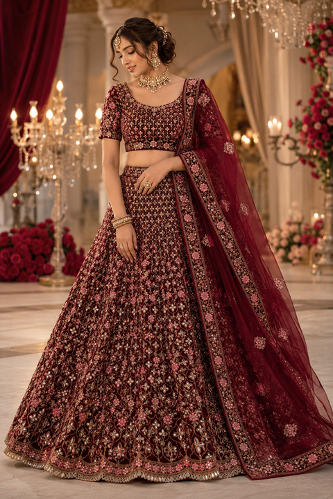 Deep Maroon colour netting based heavy embroidery jaal with mirror work multiflared beautiful bridal lehnga