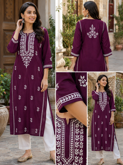 Very soft rayon-based kurti with elegant Lucknowi embroidery at front & back, giving it a graceful and timeless look. Pants are not included – this is kurti only. Slight variation in color and design is possible.
