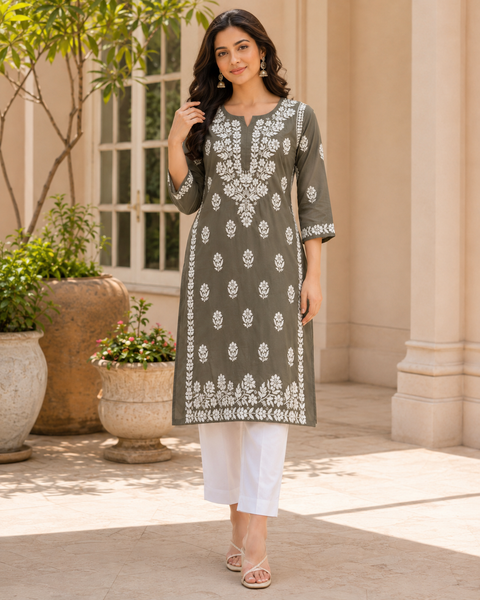 Very soft rayon-based kurti with elegant Lucknowi embroidery at front & back, giving it a graceful and timeless look. Pants are not included – this is kurti only. Slight variation in color and design is possible.