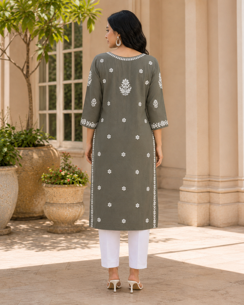 Very soft rayon-based kurti with elegant Lucknowi embroidery at front & back, giving it a graceful and timeless look. Pants are not included – this is kurti only. Slight variation in color and design is possible.