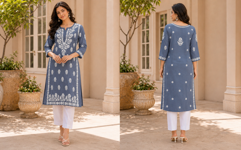Very soft rayon-based kurti with elegant Lucknowi embroidery at front & back, giving it a graceful and timeless look. Pants are not included – this is kurti only. Slight variation in color and design is possible.